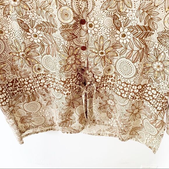 Request Gold Beige Tans Gold Sequin Floral Print Button Down Tunic Blouse - Picture 4 of 6